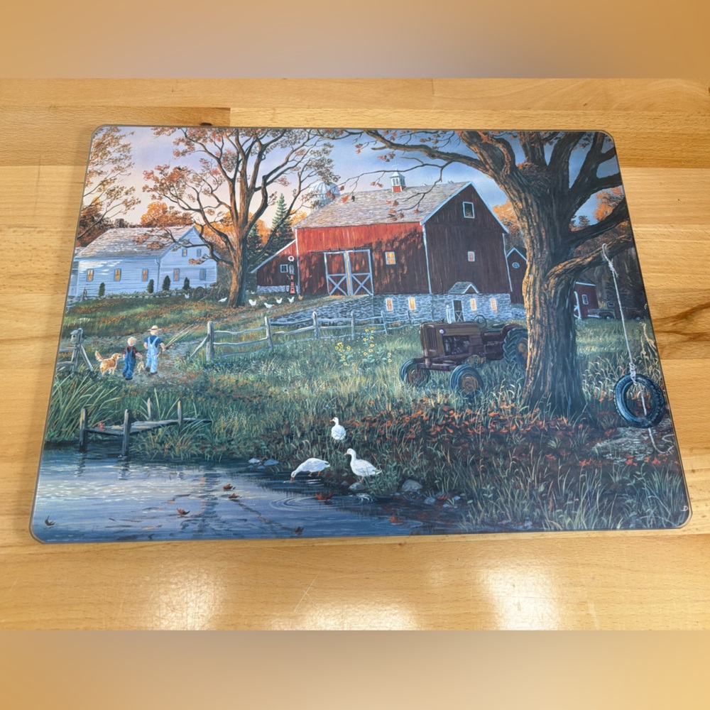 Country Life Tempered Glass Cutting Board 12”x16”. Barn, Tractor & Fishing Scene